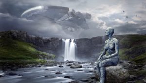 raumschiff , ufo , landschaft , wasserfall , zukunft , science-fiction , composing , fremde intelligenz , schweben , spaceship , ausserirdische , unheimlich , unbekanntes flugobjekt , wolken , ankunft , figur , stein , aliens , fantasy , atmosphärisch, KI, Künstliche Intelligenz